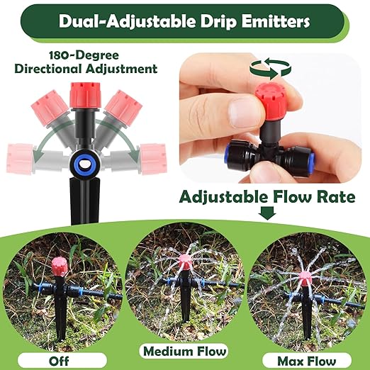 12PCS Adjustable Drip Irrigation Emitters(8-Hole) Kit-Quick Connect for 1/4" Tubing,Dual Adjustment System-Easy to Install Drippers for Precise Garden Watering of Vegetables,Shrubs&Flowers