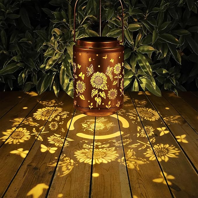 Solar Outdoor Hanging Waterproof Lantern Butterflies Garden Decor LED Light Solar Metal Lantern Gifts for Girl Women Solar Decoration for Patio Pathway Yard, Gold, T-DL-204