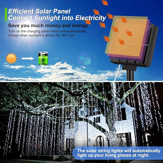 Brightever Solar Outdoor LED String Lights 288Ft Waterproof, 4-Pack Each 72FT 200 LED Solar Powered Fairy Lights with 8 Modes, Outside Twinkle Lights for Backyard, Balcony, Christmas (Daylight White)