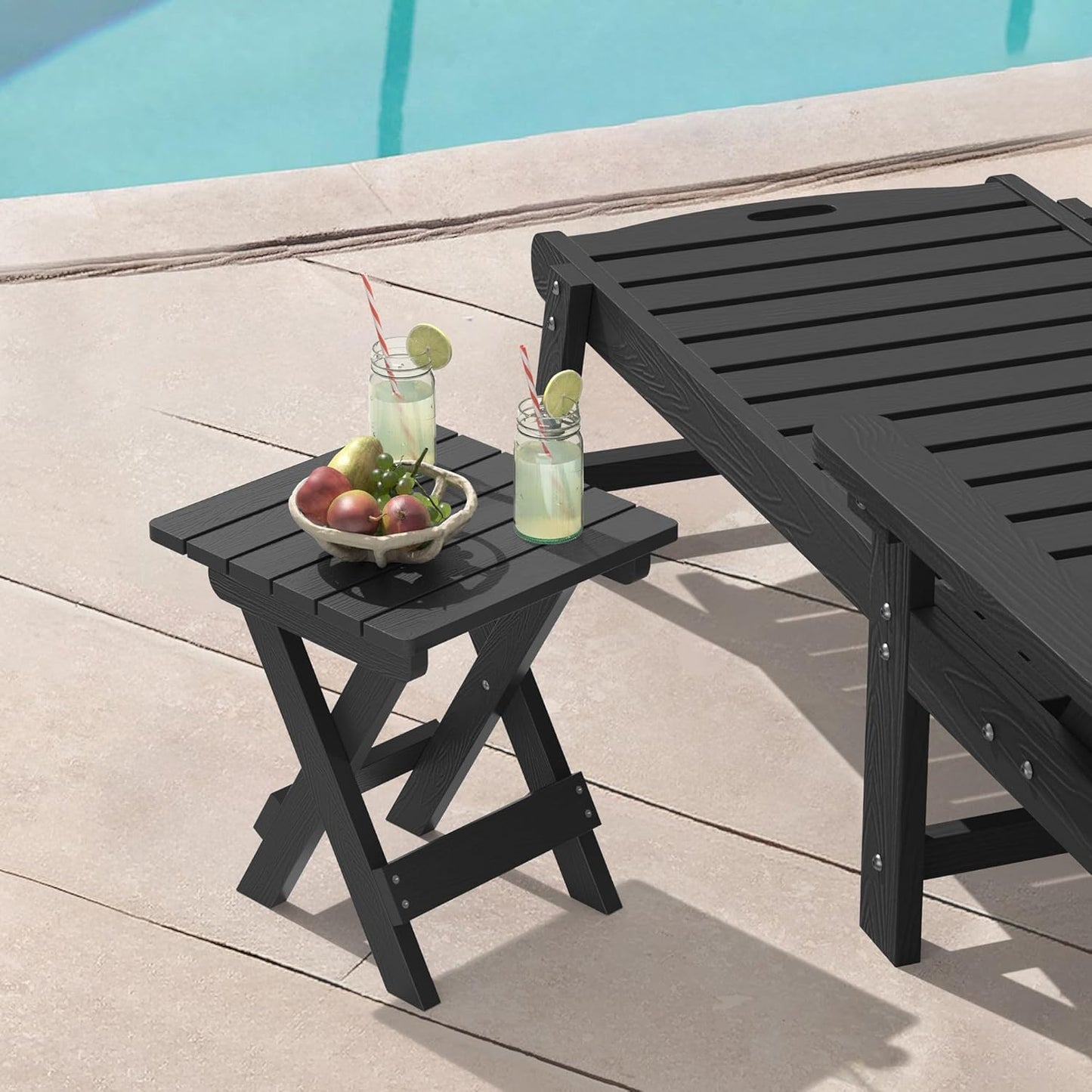 LUE BONA Small Outdoor Folding Side Table, Indoor Shower Bench Stool, HDPS End Table for Bathroom, Patio, Pool, 14 Inch Height, Black