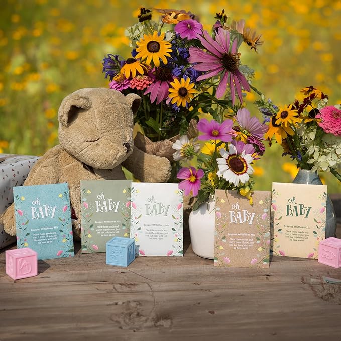 BENTLEY SEED CO. Oh Baby Flower Seeds Packets - Girl/Boy Baby Shower Favors - Pre-Filled, 25 Wildflower Seed Packs for Favor - Eco-Friendly Gift & Babys Guest Giveaways - Non-GMO Seeds - Brown Envelop