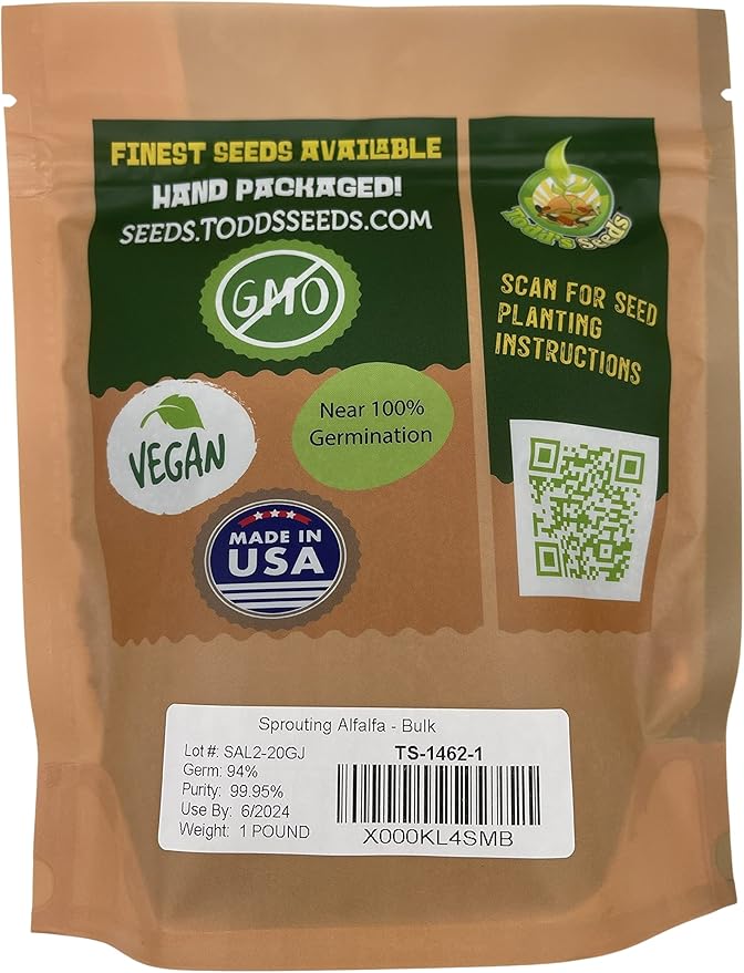 Todd’s Seeds - Alfalfa Seeds - 16 Oz Bulk Alfalfa Sprouting Seeds - Resealable Bag - Highest Germination - Non-GMO, Chemical Free (Better than Organic!) - Perfect for Home Gardening and Healthy Eating
