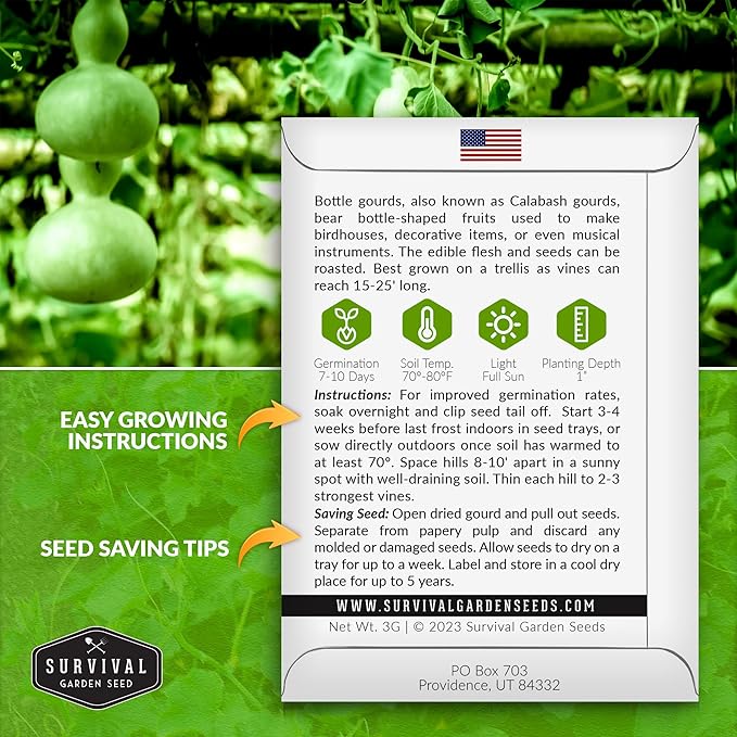 Bottle Gourd Seed for Planting - 3 Packets with Instructions to Plant & Grow Birdhouse or Calabash Gourds in Your Home Vegetable Garden - Non-GMO Heirloom Variety Seed - Survival Garden Seeds