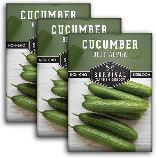 Survival Garden Seeds - Beit Alpha Cucumber Seed for Planting - Pack with Instructions to Plant and Grow Smooth Green Burpless Cucumbers in Your Home Vegetable Garden - Non-GMO Heirloom Variety - 3