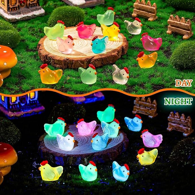 64PCS Luminous Mini Chicken Figurines Resin Miniature Animals, 8 Colors Tiny Chickens Miniature Glow in The Dark for Dollhouse, Micro Landscape, DIY, Home Outdoor Party Decor