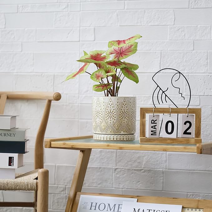 6 Inch Indoor Plant Pots with Drainage Holes and Saucers, Ceramic Planter for Plants, Flower Pot - Set of 2