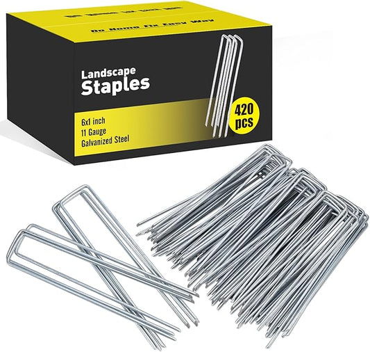 HongWay 420 Pack Landscape Staples 6 Inch 11 Gauge Stakes, Galvanized Garden Staple U-Shaped Pins and Landscaping Staples for Sod Anchoring Landscape Fabric Irrigation Tubing