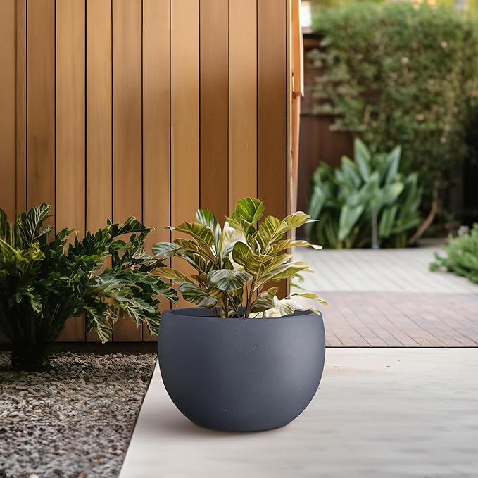 Kante 11.8" Dia Round Concrete Planter, Outdoor/Indoor Large Bowl Plant Pots with Drainage Hole and Rubber Plug for Garden Patio Balcony Home, Charcoal