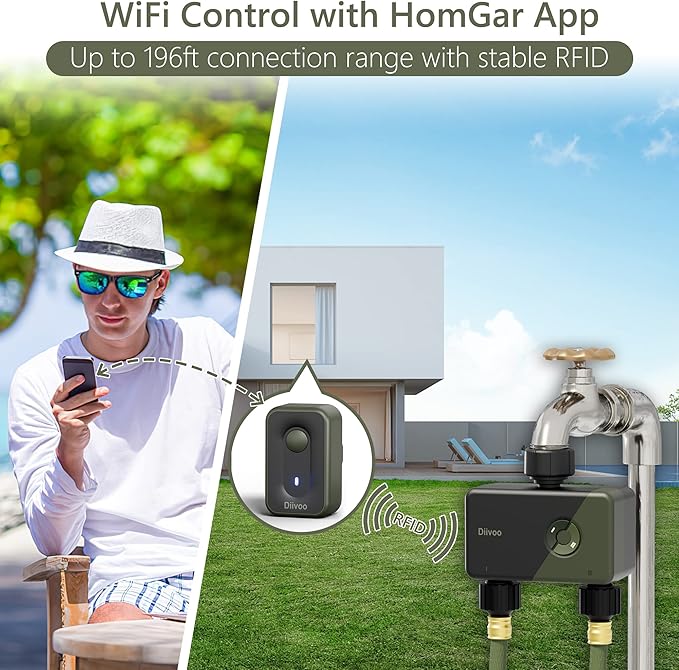 WiFi Sprinkler Timer 2 Zone, Diivoo Programmable Water Hose Timer 2 Outlet for Garden, Automatic Irrigation Timer IP54 with Rain Delay/Manual/Auto Mode, Outdoor Hose Timer Controller for Lawn, Yard