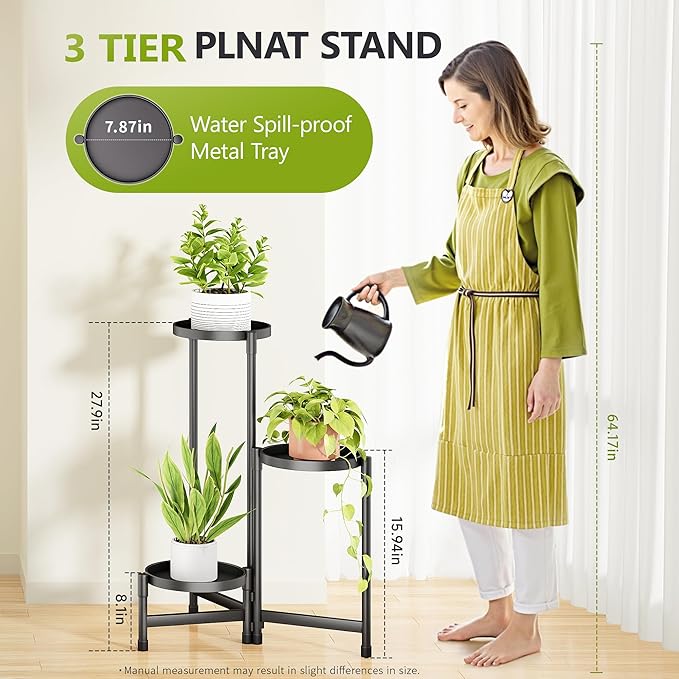 3 Tier Metal Plant Stand Indoor, Rotatable Corner Plant Shelf Outdoor, Tiered Flower Pot Display Stand, Multiple Plants Holder for Patio Living Room Balcony Garden Home Decor - Black