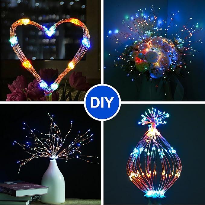 Solar Firework Lights Outdoor, 600 LED Starburst Light Outdoor with USB Rechargerable, 8 Modes Waterproof Solar Hanging Lights for Gazebo Yard Party Wedding Decorations (Multicolored, 600 LED)