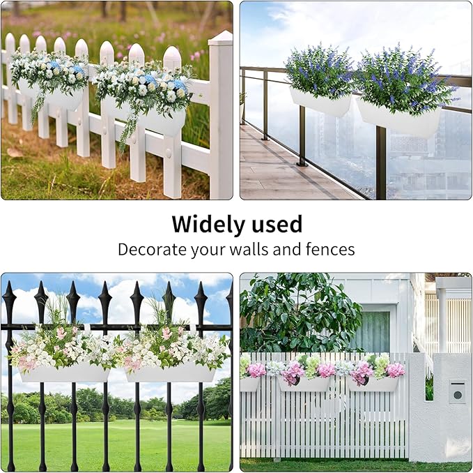 Railing Planters Outdoor Balcony 16 Inch Deck Over The Railing Planter Boxes Hanging Planters for Fence Flower 3 Pcs (White)
