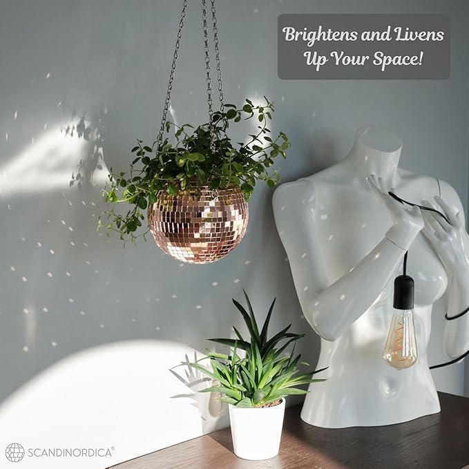 SCANDINORDICA Disco Ball Planter – Value Package: Mirror Disco Planter with Chain, Macrame Hanger and Acrylic Stand for Desk, Includes Self Watering Insert, Quirky Gifts | 6 inch Rose Gold