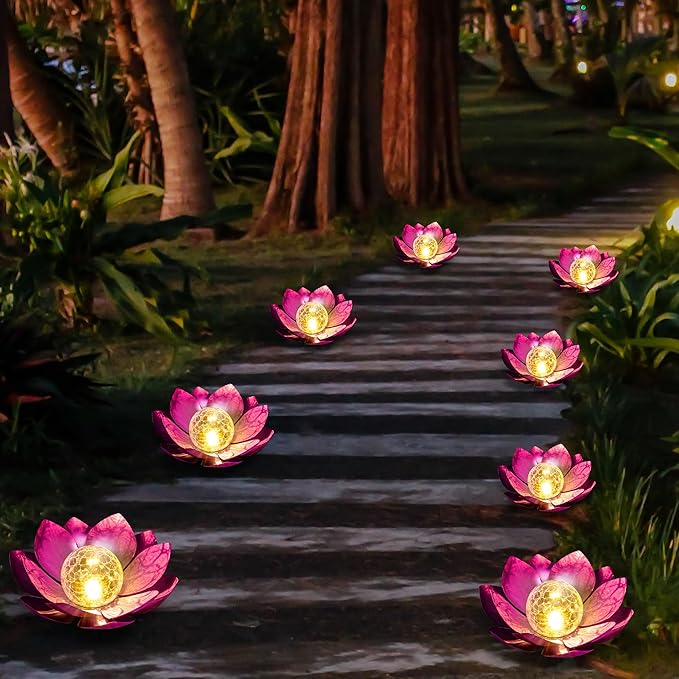 HPC Decor Solar Lights Outdoor Garden Decor - Art Crackle Globe Glass Lotus Decoration, Waterproof LED Metal Flower Lights for Outdoor Decor on Patio,Lawn,Walkway,Table,Perfect Gifts (Purple 11in)