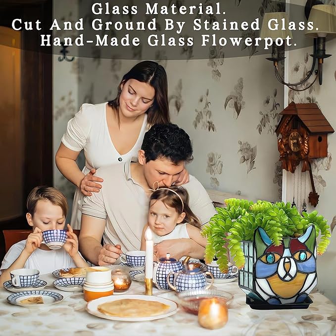 Tiffany Stained Glass Cat Planter,Indoor and Outdoor Plant Displays,Succulent Cat Pot,Plant Gifts for Women,4.6x5.15x2.3 in (Without Succulents)