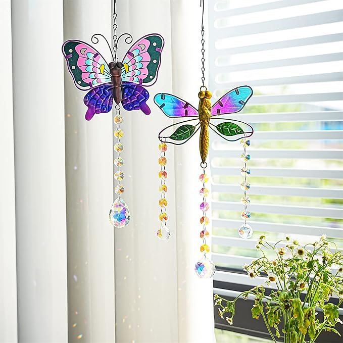 YU FENG Set 2 Suncatchers with Crystals,Stained Glass Butterfly Dragonfly Sun Catchers Window Garden Hanging Decoration Ornament,Prism Rainbow Maker Pendant