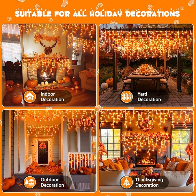 JMEXSUSS Orange Lights for Thanksgiving, 400 LED Orange Icicle Lights Outdoor, 8 Modes Orange Lights with 80 Drops Thanksgiving String Lights Plug in for Fireplace Indoor House Roof Outdoor Holiday
