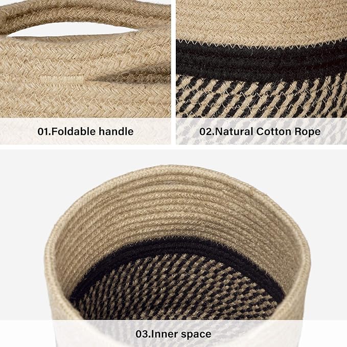 TIMEYARD Sturdy Jute Rope Plant Basket Modern Woven Basket up to 7.5 Inch Flower Pot Floor Indoor Planters, 8” x 8” Storage Organizer Basket Rustic Home Decor, Black Stripes