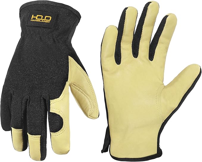HANDLANDY Men Leather Gardening Gloves, Utility Work Gloves for Mechanics, Construction, Driver, Dexterity Breathable Design