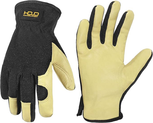 HANDLANDY Men Leather Gardening Gloves, Utility Work Gloves for Mechanics, Construction, Driver, Dexterity Breathable Design