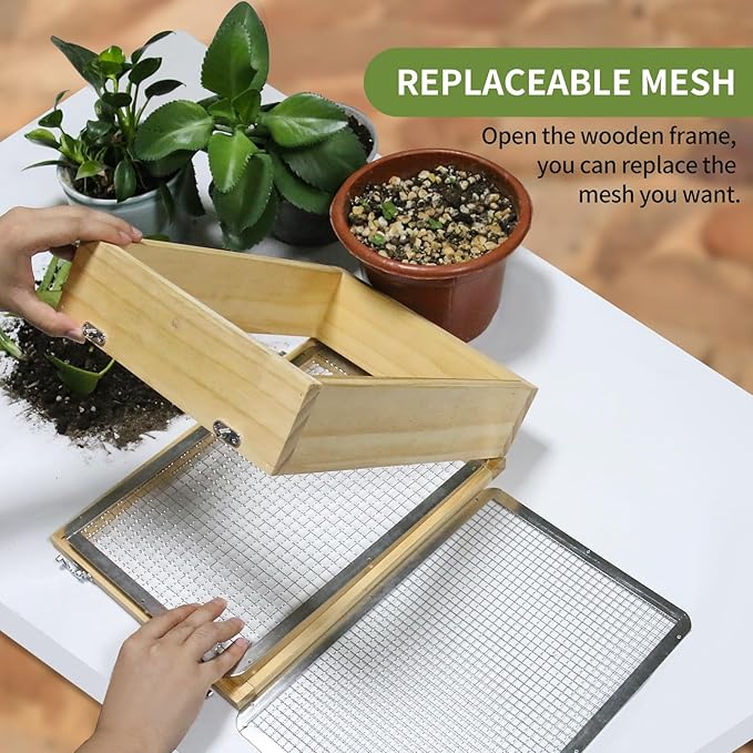 Wooden Soil Sifter for Gardening,13.7"x10.2" Rock Sifter with 2 Replaceable Mesh Screen (0.34"&0.47") Compost Sifter for Leaves, Rocks, Compost, Gravel, Soil