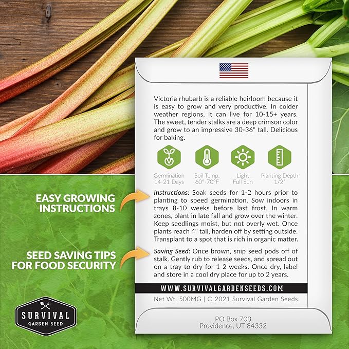 Survival Garden Seeds - Victoria Rhubarb Seed for Planting - 3 Packets with Instructions to Plant and Grow Cold-Tolerant Perennial Spring Vegetables in Your Home Garden - Non-GMO Heirloom Variety
