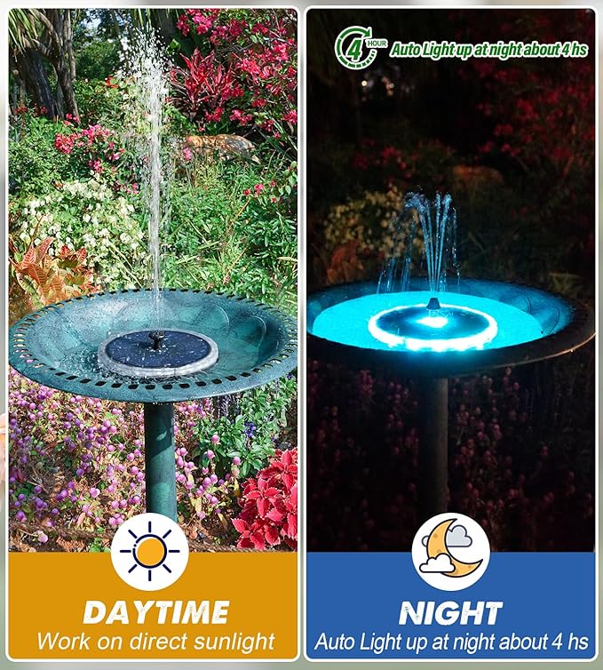 Solar Fountain Matte Panel with 4000 mAH Battery, 4W Bird Bath Fountains Solar Power with 8 Nozzles, Floating Solar Fountain Pump for Bird Bath, Garden, Pond, Outdoor (Color Change)