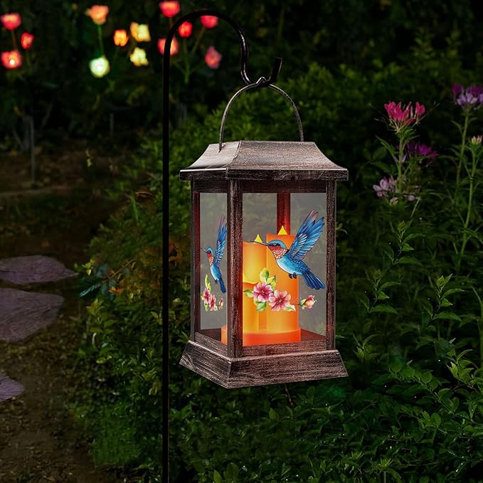 Solar Lanterns, Hummingbird Outdoor Hanging Lanterns, Metal Solar Lights, Gardening Gift for Mom Women Mother's Day, Garden Decor for Outside Porch Table Patio Yard, Grave Decorations for Cemetery