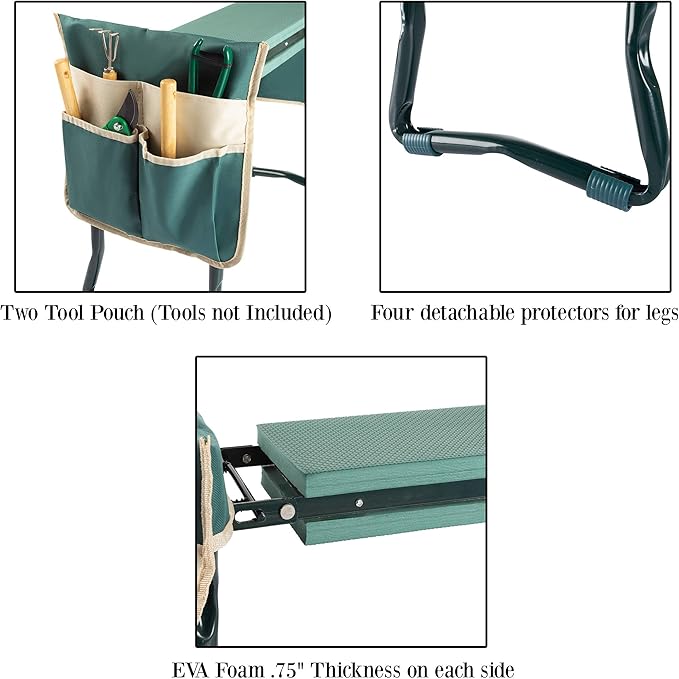 Garden Kneeler and Seat - Kneeling Pad Garden Stool with Tool Pouches - Gardening Gifts for Mom, Dad, Seniors, or Grandparents by Pure Garden (Green)