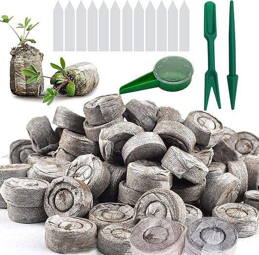 Woohome 150 PCS Peat Pellets Seeding Soil with Plant Label, Nutrient Block Compressed Peat Block, Plastic Plant Tags and Loose Soil Tool for Indoor Outdoor Gardening Seedling Transplanting Growing