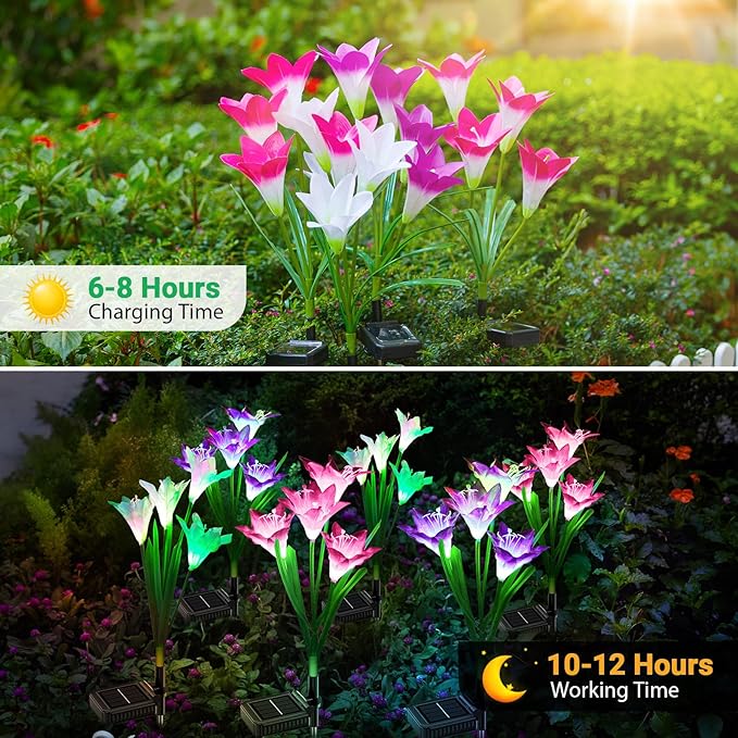WdtPro Solar Lights Outdoor Garden Decorative Flowers 6 Pack, Waterproof Solar Garden Lights with 24 Lily Flowers, Multi Color Changing LED Solar Powered Landscape Lights for Yard Garden Patio