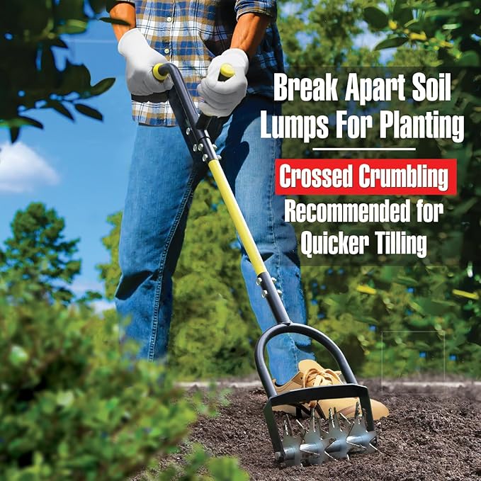 Jardineer Rotary Cultivator Garden Tool, Hand Tiller for Gardening with Labor-Saving Handle Design, Manual Tiller for Reseeding Grass or Soil Mixing