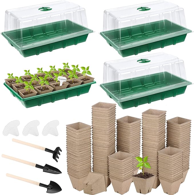 4 Pack Seed Starter Tray Kit, 120 Square Seed Peat Pots for Seedlings with Plants Labels, Planting Tools, Plastic Growing Germination Trays with Lids for Indoor Outdoor Gardening, Green