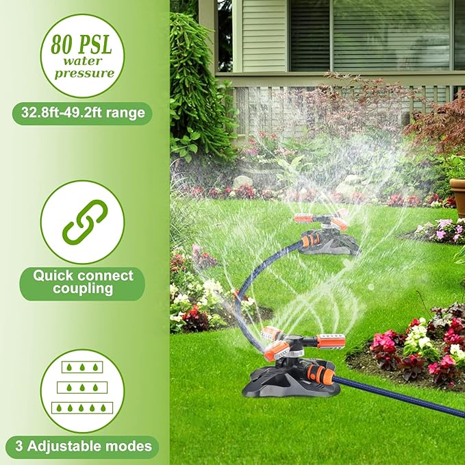 Lawn Sprinkler,Upgrade Garden Sprinkler Automatic 360 Degree Rotating Irrigation Grass Water Sprinkler System, Garden Hose Sprinkler for Yard/Built in 36 Units Angle Spray Nozzles-2Pack(Orange)