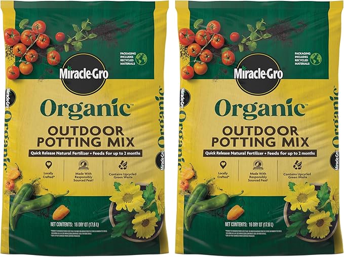Miracle-Gro Organic Outdoor Potting Mix, for Outdoor Container Plants, Contains Quick-Release Natural Fertilizer, OMRI Listed, 16 qt., 2-Pack