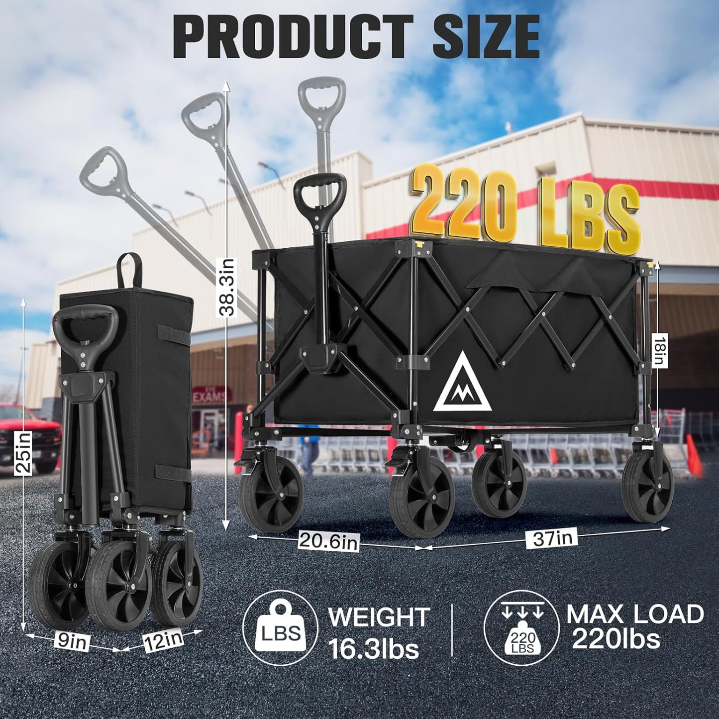 Wagon Cart Shopping Foldable Folding Collapsible with Wheels Big On Beach Garden Outdoor Grocery Heavy Duty Utility All Terrain Portable Wagons Carts for Groceries Sand Camping Sports Black