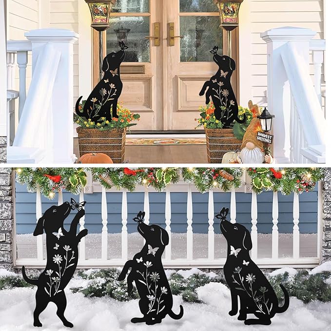 Metal Dog Statues for Garden,3 Pack Silhouette Beagle Garden Decor for Outside,Outdoor Dog Decor