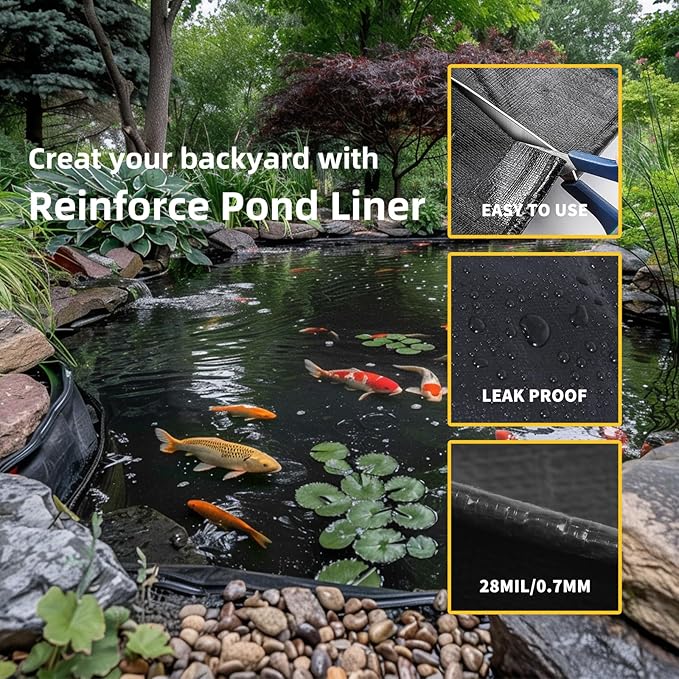 TEZONG Pond Liner,8x10Ft Pond Liners for Outdoor,28Mil Black Koi Fish Pond Liners,Reinforced Pond Underlayment for Ponds,Water Gardens,Waterfall