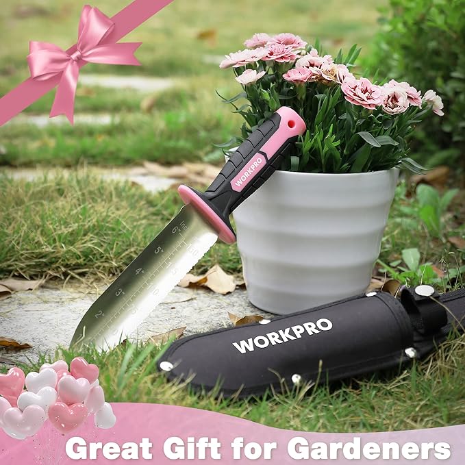 WORKPRO Hori Hori Garden Knife, 7" Stainless Steel Blade with Cutting Edge, Garden Tools with Oxford Sheath, Ergonomic TRP Handle with Hanging Hole for Weeding, Planting, Digging, Pink