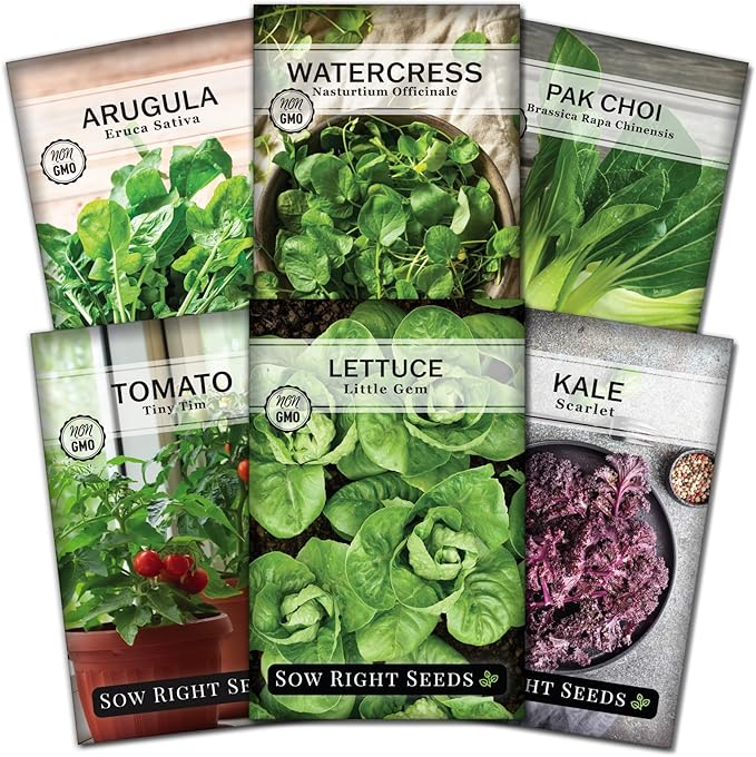 Sow Right Seeds - Hydroponic Vegetable Seeds for Planting - Lettuce, Kale, Arugula, Pak Choi, Watercress & Cherry Tomato Seeds for Planting and Growing Hydroponics - Perfect for Indoor Growing System