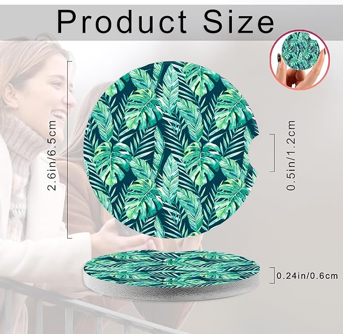 Green Tropical Foliage Palm Leaves Car Coasters,Ceramic Absorbent Cup Holders with Finger Notch & Cork Base Car Assecories for Women/Men 2.6"(2 Pieces)