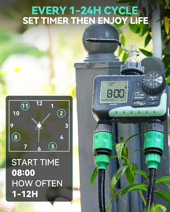 RAINPOINT 2 Zone Sprinkler Timer - 2pcs Water Timer for Garden Hose with Rain Delay/Manual Watering/Automatic Irrigation Controller System - Water Hose Timer Programmable Faucet Timer for Yard Lawn