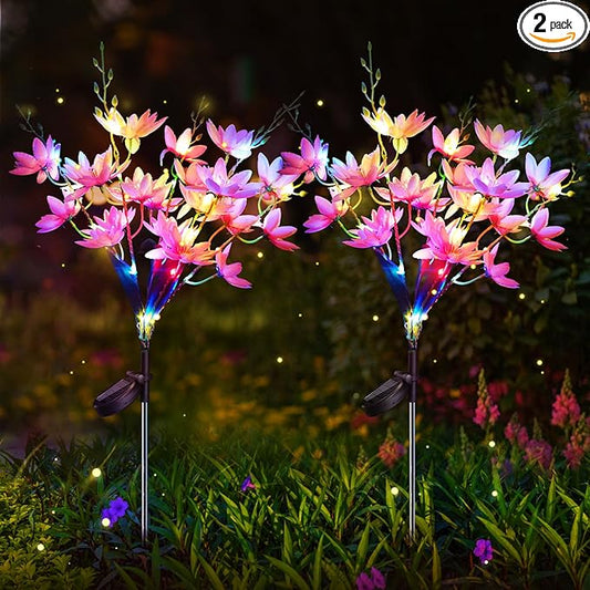 Neporal Solar Flowers Outdoor Waterproof IP65, 5-Head Snow Lotus with 20+ Flowers, 4-Color Light & 2 Lighting Modes, Decorative Solar Lights Outdoor Garden, Yard, Pathway, Flower Bed (2-Pack, Pink)