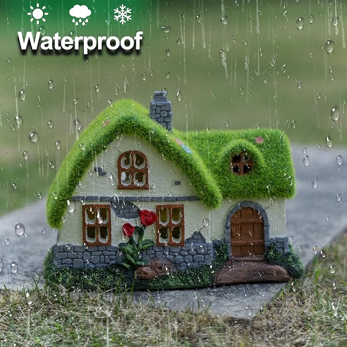 Solar Fairy House Garden Statue with Flocked Decor - Outdoor Garden Cottage Figurine with Lights, Figurine for Outdoor Patio Lawn Porch Garden Decorations
