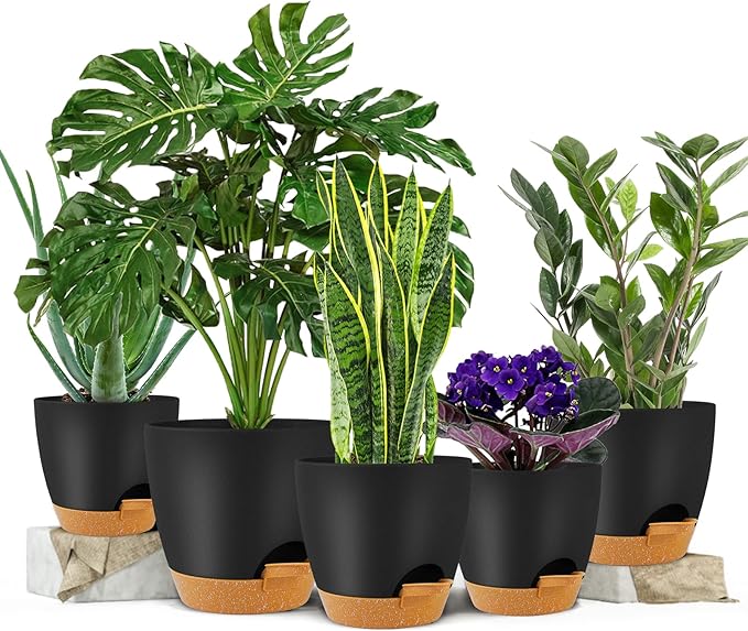 GARDIFE Plant Pots 7/6.5/6/5.5/5 Inch Self Watering Planters with Drainage Hole, Plastic Flower Pots, Nursery Planting Pot for All House Plants, Succulents,Snake Plant, African Violet, Flowers,Black