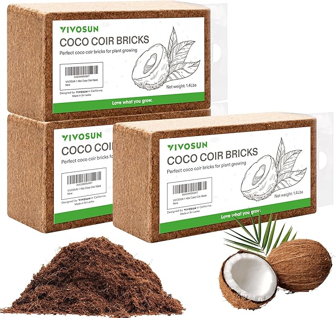 VIVOSUN Coco Coir Brick, 1.4lbs 100% Natural Organic Compressed Coconut Coir Fiber with Low EC, PH Balance & High Nutrition, Coconut Fiber Substrate, Coconut Soil for Plants, 3-Pack