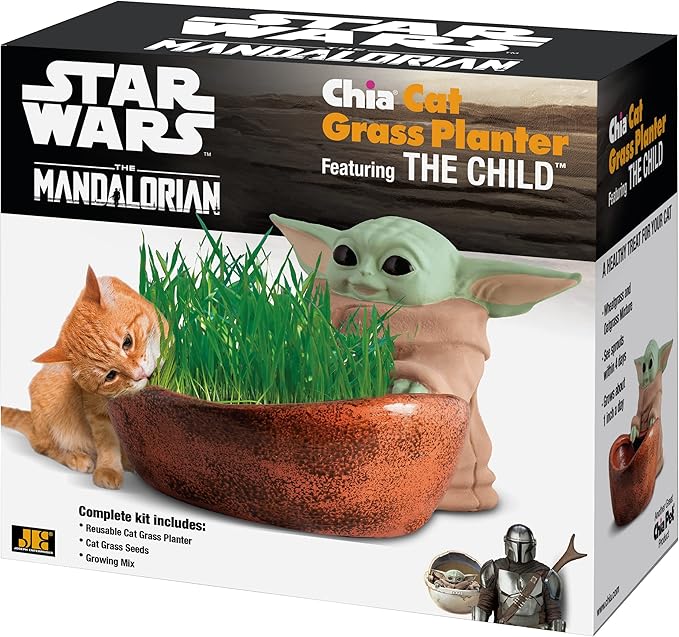 Chia Cat Grass Planter - Star Wars The Mandalorian The Child – Healthy Treat for Your Cat - Decorative Pottery Planter, Easy to Do and Fun to Grow, Novelty Gift, Perfect for Any Occasion.
