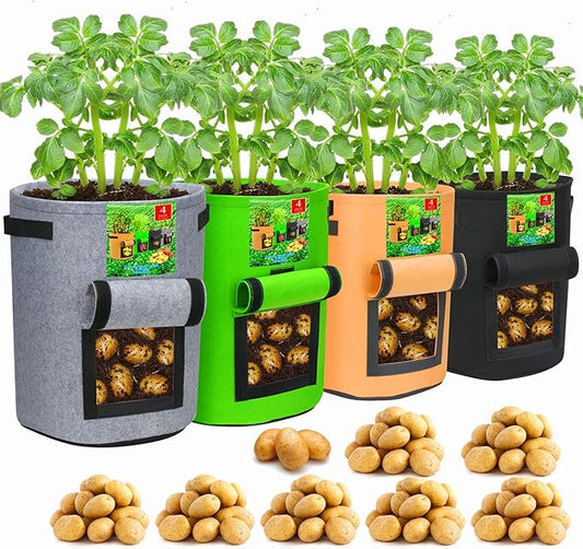 4 Pack 10 Gallon Potato Growing Bags with Flap, Breathable & Durable, Nonwoven Fabric, Ideal for Indoor/Outdoor Use