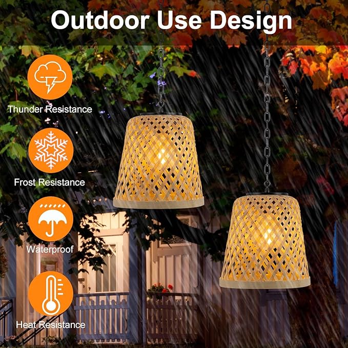 pearlstar Solar Hanging Lanterns Outdoor Gazebo Lights Rattan Woven Chandelier Solar Lamp Waterproof Outside for Porch Garden Patio Yard Farmhouse Decoration, 2Pack