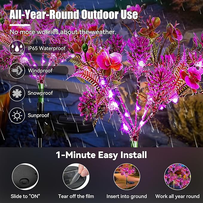 Neporal Garden Solar Lights Outdoor Waterproof IP65, 2PK Phalaenopsis Solar Flowers Solar Garden Lights Waterproof for Patio Decor, Yard Decor,Gardening Gifts for Women